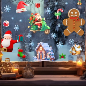 Detailed Santa on motorcycle and snowman static window clings for holiday window decoration