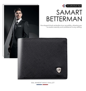 Detail of black Saffiano leather wallet for men featuring silver metallic crest logo