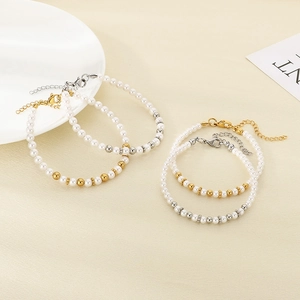 Baroque pearl and 18K gold-plated stainless steel beads layered bracelet set for women