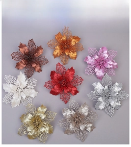 Fleurs de poinsettia artificielles à paillettes en huit couleurs pour sapins de Noël
