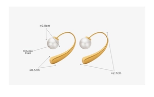 Detailed view of gold pearl earrings with dimensions: 0.8cm pearl and 2.7cm height