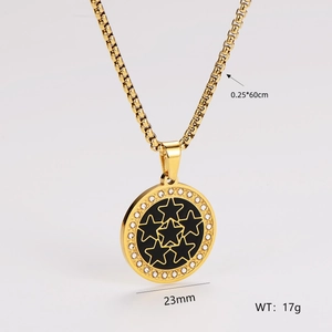 Detail of gold box chain necklace with crystal-rimmed black star pendant and dimensions