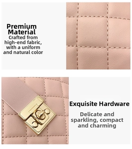 Detail of pink quilted leather texture and polished gold metal clasp on woman bag
