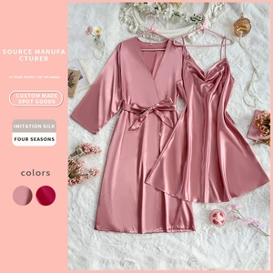 Women Plus Size Satin Nightgown And Robe Satiny Sleepwear Loungewear Long Sleeve V Neck Cami Dress Soft Comfortable Elegant