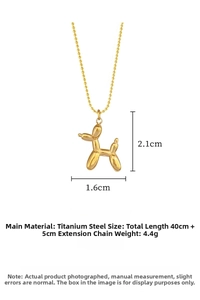 Detailed view of gold balloon dog pendant with precise measurements on beaded chain