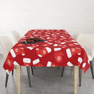 Christmas red plaid tablecloth with snowflake patterns on dining table set with chairs