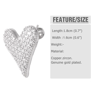 Detailed size specifications for heart-shaped cubic zirconia earrings in 18k gold plating
