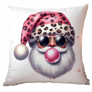 Santa Claus with pink leopard hat and bubble gum square pillowcase on white background