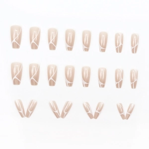 Nude square fake nails with white irregular lines 24 pieces minimalist style set
