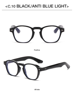 Detail view of round black frame anti-blue light glasses with rivet studs from two angles