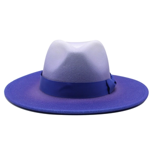 Detail of wool felt wide brim hat with purple gradient finish and navy ribbon band