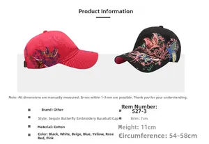Specifiche dettagliate sulle taglie del cappellino da baseball con farfalla di paillettes