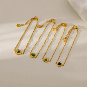 Vintage Stainless Steel Green Glass Bracelet For Women Gold Plated African Pine Stone Geometric Pendant Adjustable Fashion Jewelry