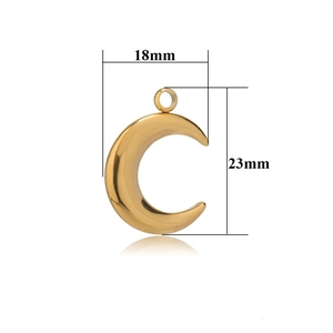 Detail of a 18mm x 23mm golden crescent moon pendant with precise size measurements