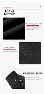 Detailed views of waterproof fabric, anti-slip silicone palm, and windproof zipper on gloves