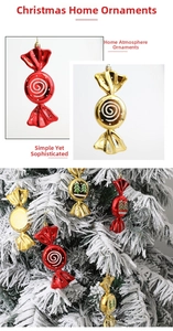 Detailed view of red and gold Christmas candy ornaments with white spiral patterns
