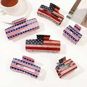 US Flag Pattern Hair Claw Clip Acrylic Large Strong Hold Stars Stripes Independence Day Hair Accessory For Women