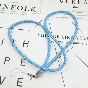 Detail of light blue woven lanyard with a silver lobster clasp for phones and badges