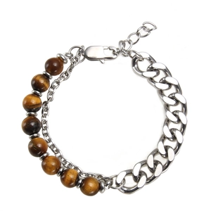 Tiger eye stone and stainless steel cuban chain bracelet with adjustable lobster clasp