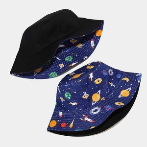 Double-sided sun hat for women featuring space-themed cartoon prints and solid black design