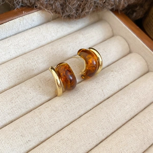 Detailed macro shot of vintage tiger eye resin and gold metallic geometric hoop earrings