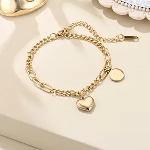 Vintage 18K Gold Plated Stainless Steel Chain Bracelet For Women Men Heart Padlock Handcuffs Pendant Link Bracelet Jewelry Gift