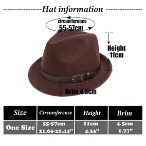Men's black wool felt jazz hat size chart showing circumference height and brim dimensions