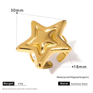 Vue détaillée d'une bague étoile en acier doré montrant les dimensions et l'étanchéité