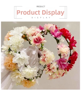 Detail of floral bridal headband with colorful silk roses and green leaf vines