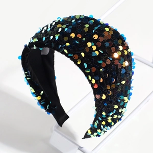 Detail of black velvet headband featuring vibrant multi-color sequins and texture