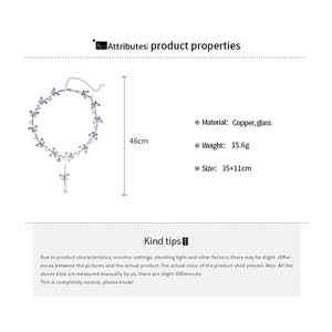 Detailed size and material specification chart for the purple crystal butterfly necklace
