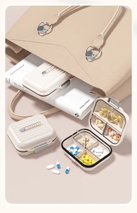 Close-up of portable 7-day pill organizer with numbered compartments and suitcase style