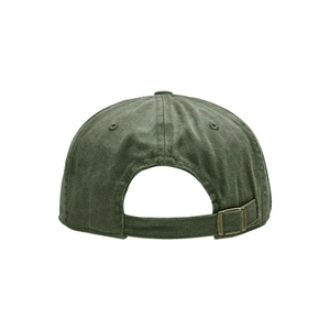 Detailed back view of olive green cotton baseball cap with adjustable metal strap buckle