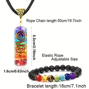 Set collana con ciondolo luna in resina 7 chakra e bracciale in pietra vulcanica con misure