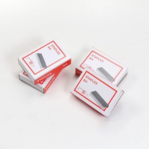 Stack of 6/4 small office staples in red and white boxes with 4mm leg length