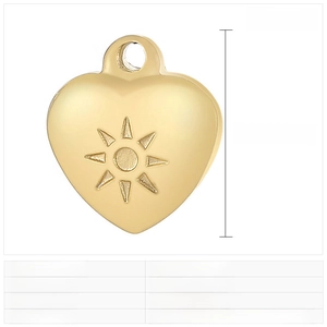 Detail of 13x12mm gold heart pendant with sunburst pattern and embossed texture