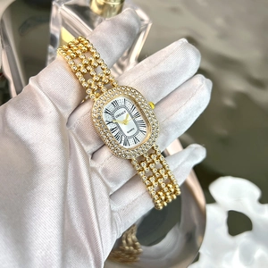 Detailed view of luxury gold oval watch with crystal bracelet and Roman numerals