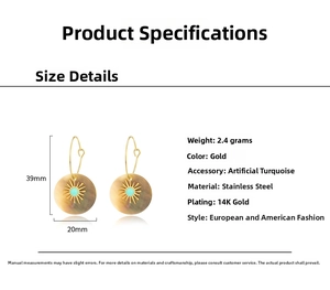 Detailed dimensions of round gold plated stainless steel earrings with synthetic turquoise