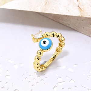 Chic gold-plated evil eye open ring with blue enamel and sparkling pear-shaped zircon