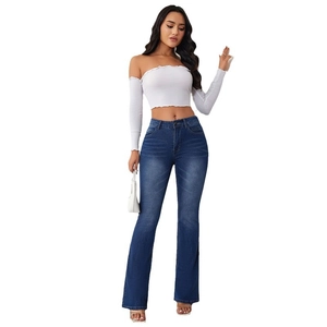 Women high waisted dark blue flared jeans with slight washed effect and elastic slim fit