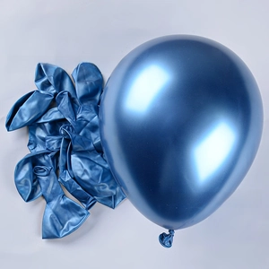 Detail of metallic blue 12-inch balloons in both inflated and uninflated latex states