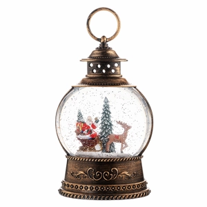 Vintage bronze Christmas lantern with Santa Claus scene and glitter snow inside