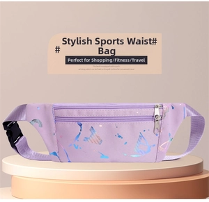 Detail of purple sports waist bag with laser print and adjustable buckle strap