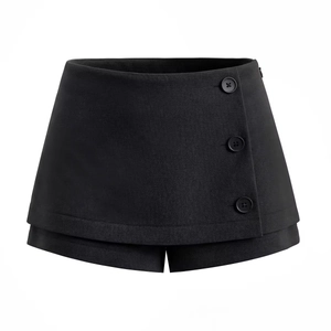 Gonna-pantalone nera da donna con spacco laterale, bottoni decorativi e design svasato A-line