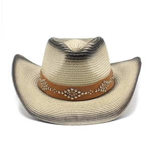 Western style cream straw cowboy hat with gradient spray paint finish and rivet leather band