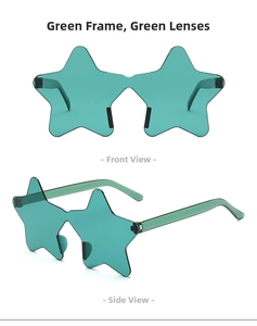 Front and side views of rimless star shaped sunglasses with green lenses and temples