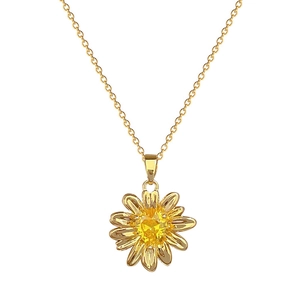 Champagne gold flower pendant necklace with yellow crystal and titanium steel chain