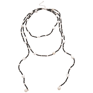 Multilayer beaded necklace with black crystals, pearls, and star accents for women