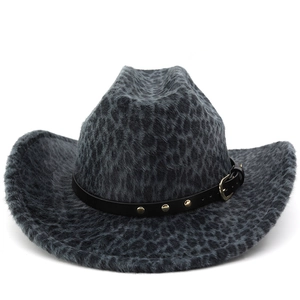 Detail of dark grey leopard print cowboy hat with black studded leather band buckle