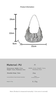 Size guide for crescent bag showing dimensions 21cm width and 15cm handle height